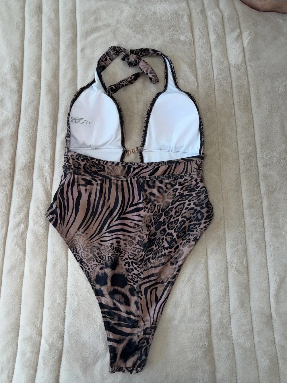 Animal Print Leopard Zebra Halter One Piece Swimsuit Cutout Gold Detail